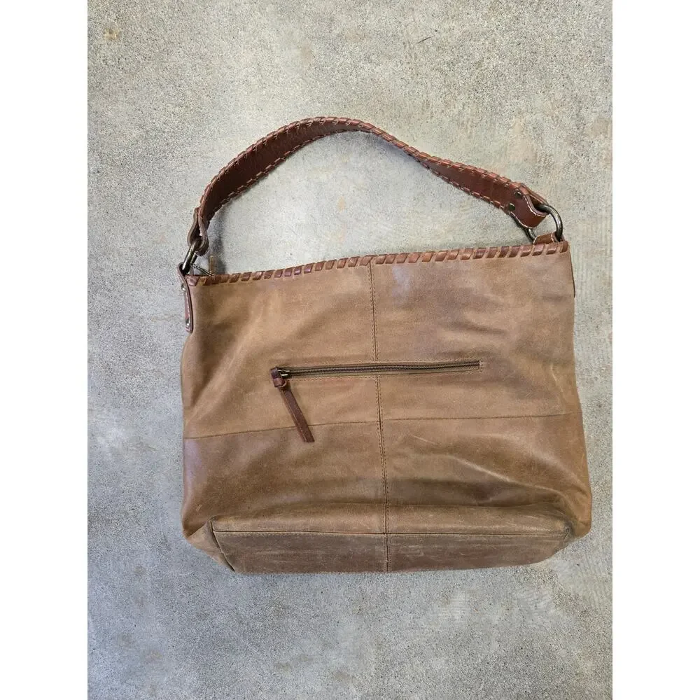 Nino Bossi Vintage Boho Whipstitch‎ Brown Leather Hobo Bag Shoulder Purse Medium